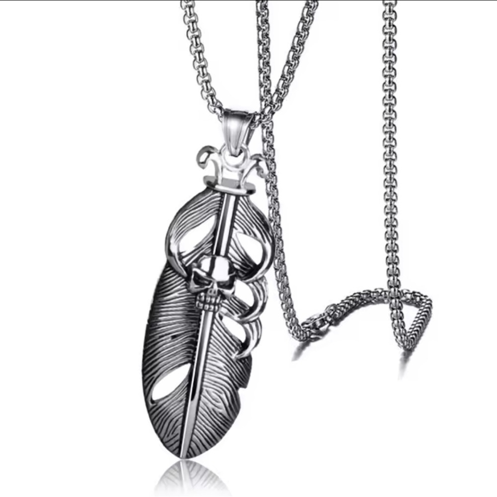 Platinum Plated Titanium Feather With Skull Embellishment Punk Bohemian Necklace